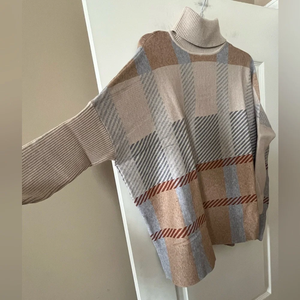 Joseph A. Plaid Turtleneck Oversized Poncho Designer Sweater Size Large - Picture 6 of 15